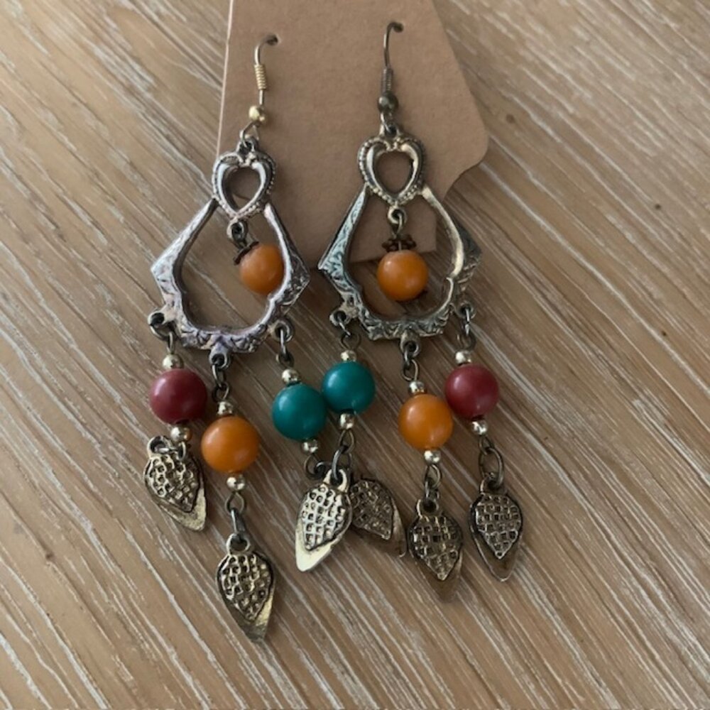 Multi-Color Beaded Chandelier Earrings | Silver Filigree Heart Drop